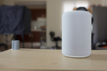 Gray smart speaker with cloth texture.