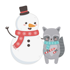 snowman and raccoon with scarf and candy cane celebration merry christmas