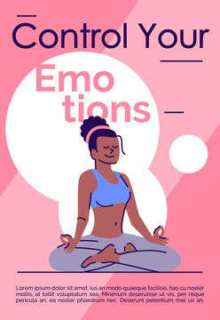 Control your emotions brochure template. Flyer, booklet, leaflet concept with flat illustrations. Vector page cartoon layout for magazine. Girl meditating. Motivational poster with text space