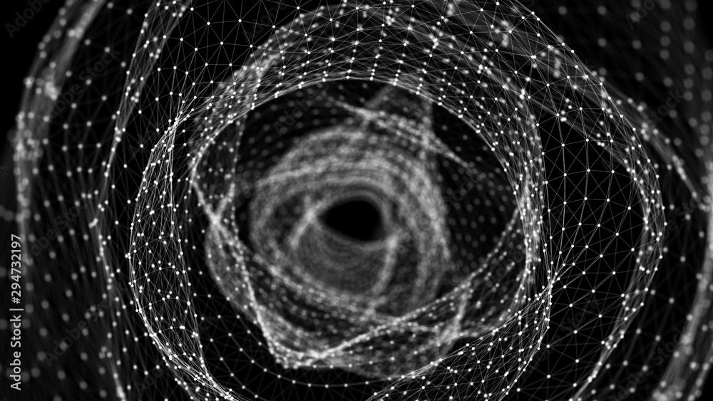 Poster Abstract digital wormhole. Sci-fi tunnel or portal. Futuristic space travel concept. Wireframe 3d surface. 3d rendering.