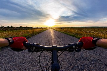 hands on the steering wheel riding a cyclist on the road towards sunset