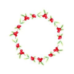 Watercolor autumn frame with red forest berries and green leaves. Colorful and bright composition of crunberry with isolated elements on white background.