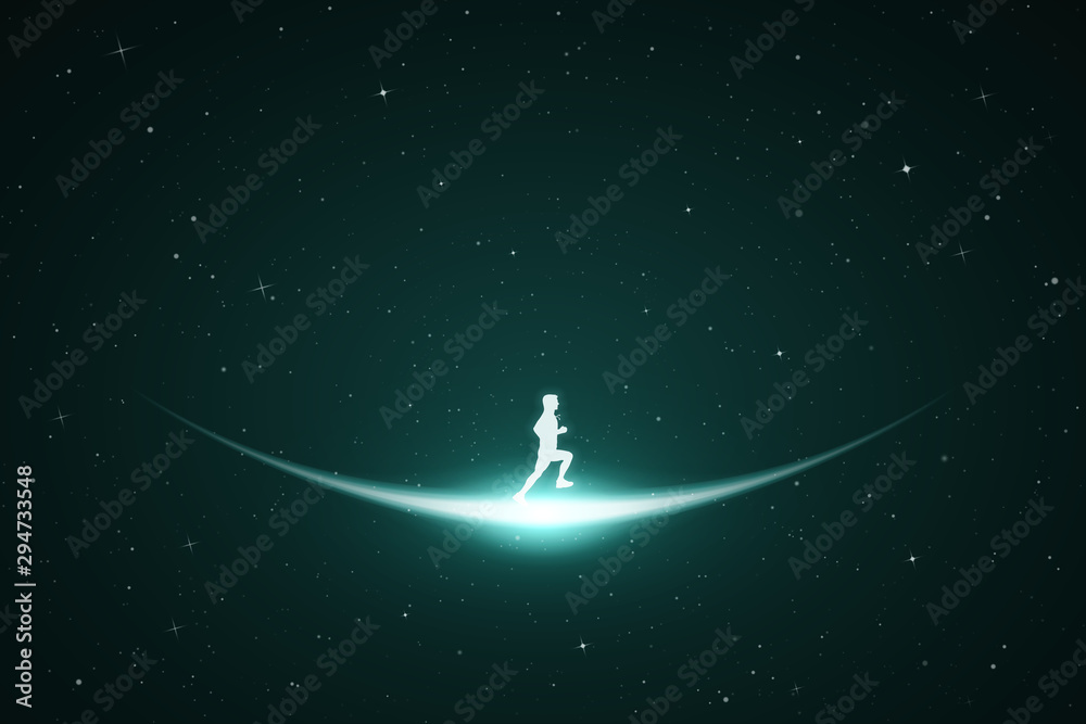 Poster man running in space. vector conceptual illustration with white silhouette of male runner. emerald a