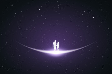 Two lovers walk in space. Vector conceptual illustration with white silhouette of loving couple. Violet abstract background with stars and glowing outline