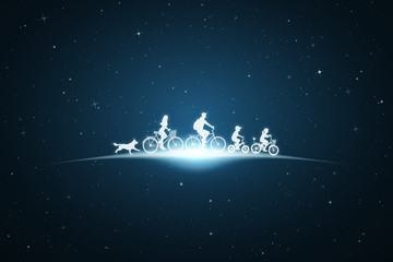 Obraz na płótnie Canvas Family on bicycles and running dog in space. Vector conceptual illustration with white silhouettes of parents with children. Bue abstract background with stars and glowing outline