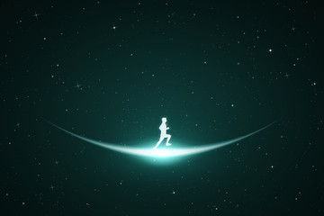 Man running in space. Vector conceptual illustration with white silhouette of male runner. Emerald abstract background with stars and glowing outline