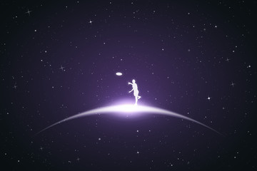 Obraz na płótnie Canvas Playing frisbee in space. Vector conceptual illustration with white silhouette of man with flying plate. Violet abstract background with stars and glowing outline
