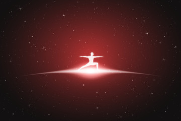 Lonely yogi in space. Vector conceptual illustration with white silhouette of meditating man. Red abstract background with stars and glowing outline