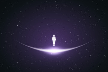 Obraz na płótnie Canvas Lonely yogi in space. Vector conceptual illustration with white silhouette of yogi in pose of tadasana. Violet abstract background with stars and glowing outline