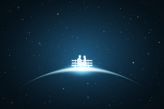 Lovers Sitting On Bench In Space. Vector Conceptual Illustration With White Silhouette Of Loving Couple. Bue Abstract Background With Stars And Glowing Outline