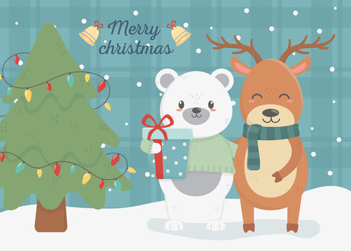 bear and deer with gift and tree celebration merry christmas poster