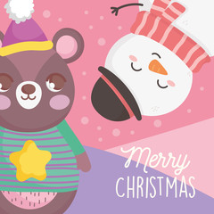 bear and snowman with hat snow merry christmas card