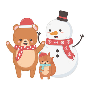 snowman with bear and squirrel celebration merry christmas