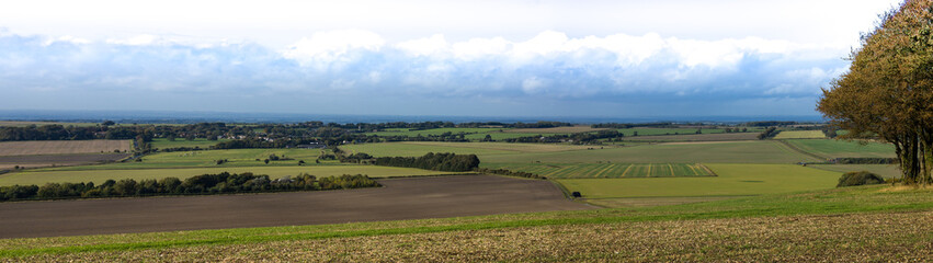 Fototapeta na wymiar Panoramic landscape from Hackpen hill Wiltshire. Arable farmland spreads before.