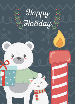 polar bear and cat with gift candle celebration happy holiday poster