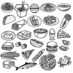Vector hand drawn illustration of big set of food in the engraving style isolated on white background.