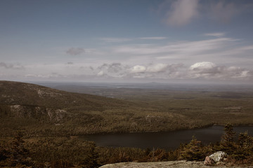 View of Jordan Pond from Cadillac Mountain in Acadia National Park on Mount Desert Island, Maine.  