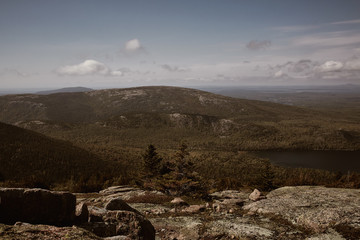 Fototapeta na wymiar View of Jordan Pond from Cadillac Mountain in Acadia National Park on Mount Desert Island, Maine. 