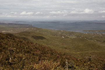 View from summit of Cadillac Mountain of Frenchman Bay at Acadia National Park in Mount Desert Island, Maine