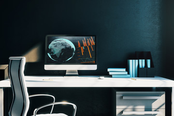 Cabinet desktop interior with financial charts and world map on computer screen. Concept of international market analysis and trading. 3d rendering.