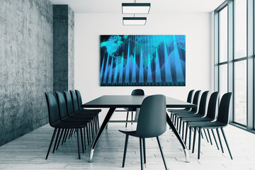 Conference room interior with financial chart and world map on screen monitor on the wall. Stock market analysis concept. 3d rendering.