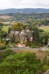 Fototapeta na wymiar Impregnable medieval rock castle Sloup from the 13th century in Landscape of northern Bohemia, Czech Republic