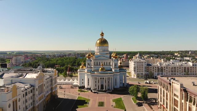Aerial flight forward to the russian orthodox the Cathedral of St. Theodore Ushakov in Saransk, Russia. Taken by drone