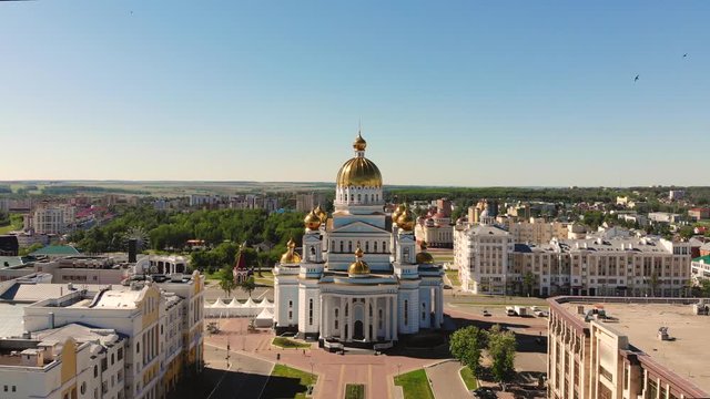 Aerial flight back from the russian orthodox the Cathedral of St. Theodore Ushakov in Saransk, Russia. Taken by drone