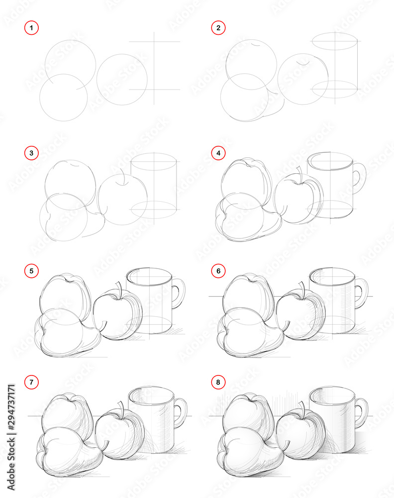 Wall mural how to draw step-wise picture of still life with apples and pear. creation step by step pencil drawi