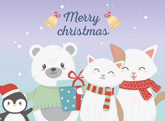 Obraz na płótnie Canvas cute bear cats and penguin with gift celebration merry christmas poster