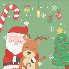 Fototapeta na wymiar santa hugging reindeer tree candy cane balls celebration merry christmas poster