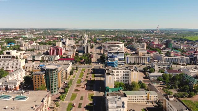 Aerial flying back from the russian orthodox the Cathedral of St. Theodore Ushakov in Saransk, Russia. Taken by drone