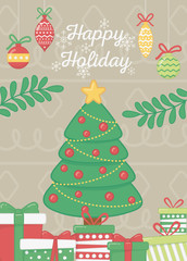 decorative tree with balls star gifts branches celebration happy holiday poster
