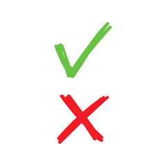 Checkmark icons doodles. Green tick and red x. 