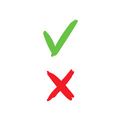 Checkmark icons doodles. Green tick and red x. 