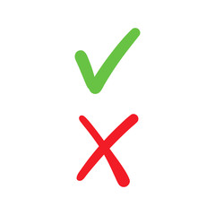 Checkmark icons doodles. Green tick and red x. 