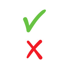 Checkmark icons doodles. Green tick and red x. 