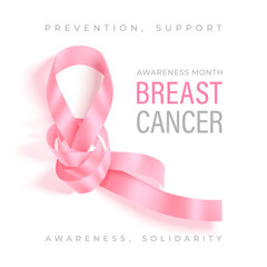 Breast cancer awareness month vector banner with pink ribbon and rose