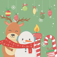 snowman and bear cande candy cane and balls celebration merry christmas poster