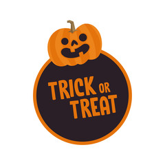 Trick or treat design with cute pumpkin. Halloween funny sticker.