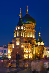 Obraz premium Saint Sophia Cathedral in Harbin city of China in night.