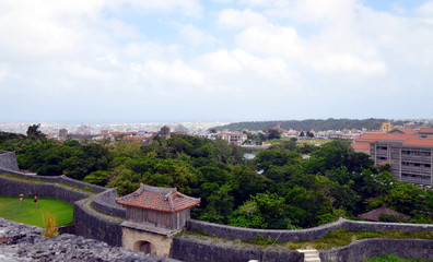 Fototapeta na wymiar View at Naha city from the Shuri Castle in Okinawa, Japan. This historical site is one of the main tourist attraction of the island