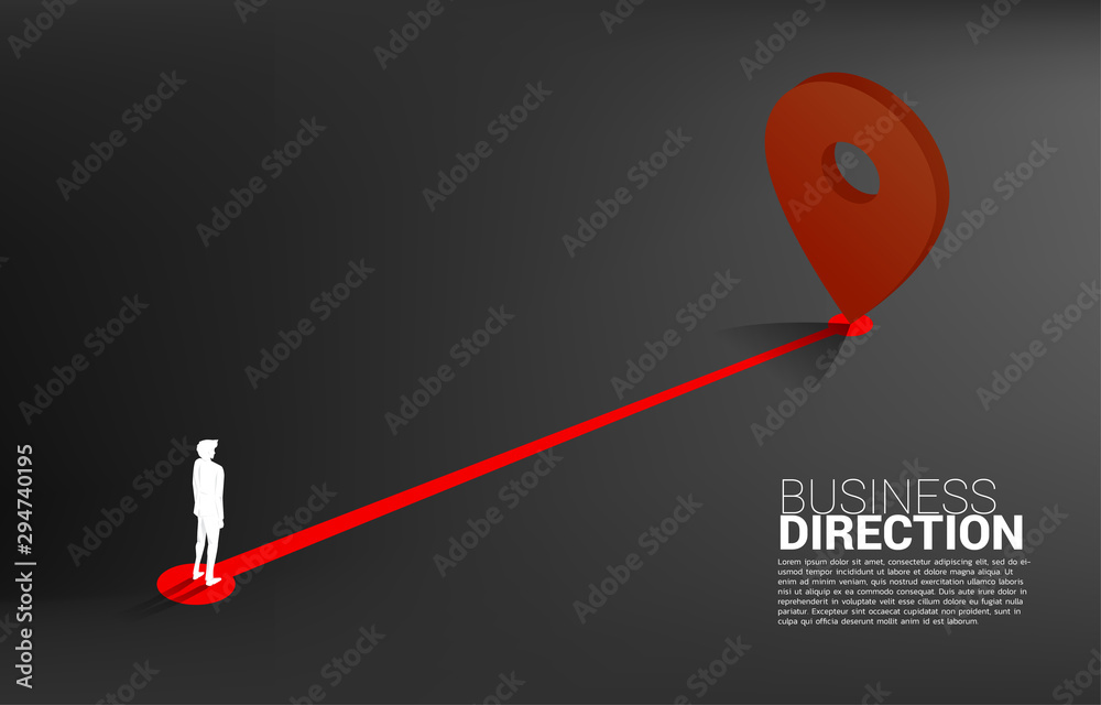 Poster route between 3d location pin markers and businessman . concept for location and business direction.