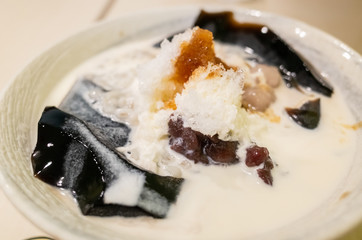 cold shaved ice with colorful dessert