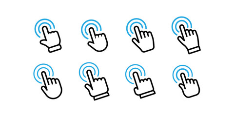Click vector icons. Hands clicking collection.