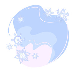 Liquid sky with snowflakes concept. Copy space Season Outdoor abstract vector illustration. Winter nature background round shape. Organic design template in flat style on isolated white back.