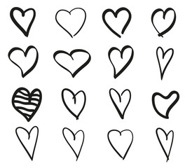 Hearts on isolated white background. Set of stylish signs. Unique elements for design. Black and white illustration