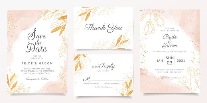 Watercolor creamy wedding invitation card template set with golden floral decoration. Abstract background save the date, invitation, greeting card, multi-purpose vector