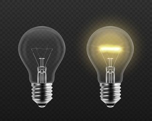 Vector 3d Realistic Turning On and Off Light Bulb Icon Set Closeup Isolated on Transparent Background. Glowing Incandescent Filament Lamps. Creativity Idea, Business Innovation Concept