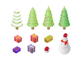 Isometric set of Christmas holiday decoration icons set isolated vector illustration